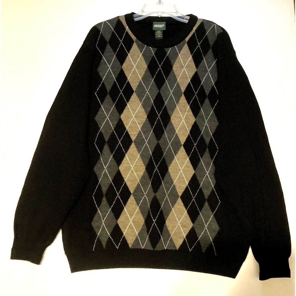 Vtg Mens Argyle Sweater XL Black Tan Gray Acrylic Wool Blend Grandpa Irvine Park